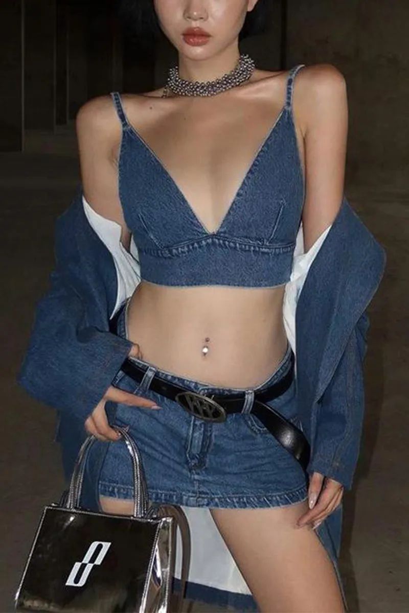 UL657 Denim V-Neck Strap Cami and Mini Skirt Set