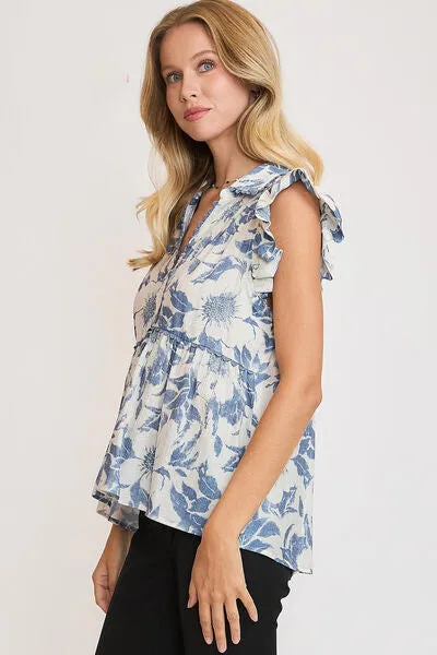 Umgee Full Size Botanical Print Babydoll Top Plus Size