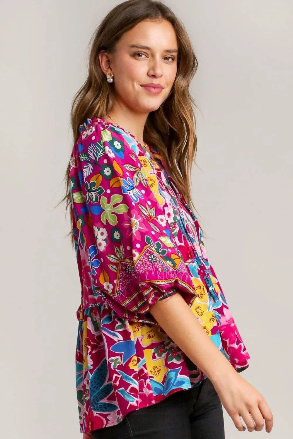 Umgee Full Size Floral Print Tie Neck Peplum Blouse Plus Size