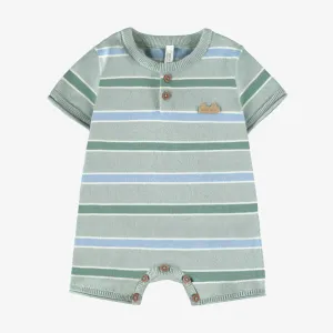 Une-pièce bleu, turquoise et crème en tricot à rayures, naissance || Blue, turquoise and cream striped knit one-piece, newborn