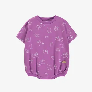 Une pièce en jersey extensible coupe ballon mauve motif de chiens, naissance || Purple one piece balloon shape with dog print in stretch jersey , newborn