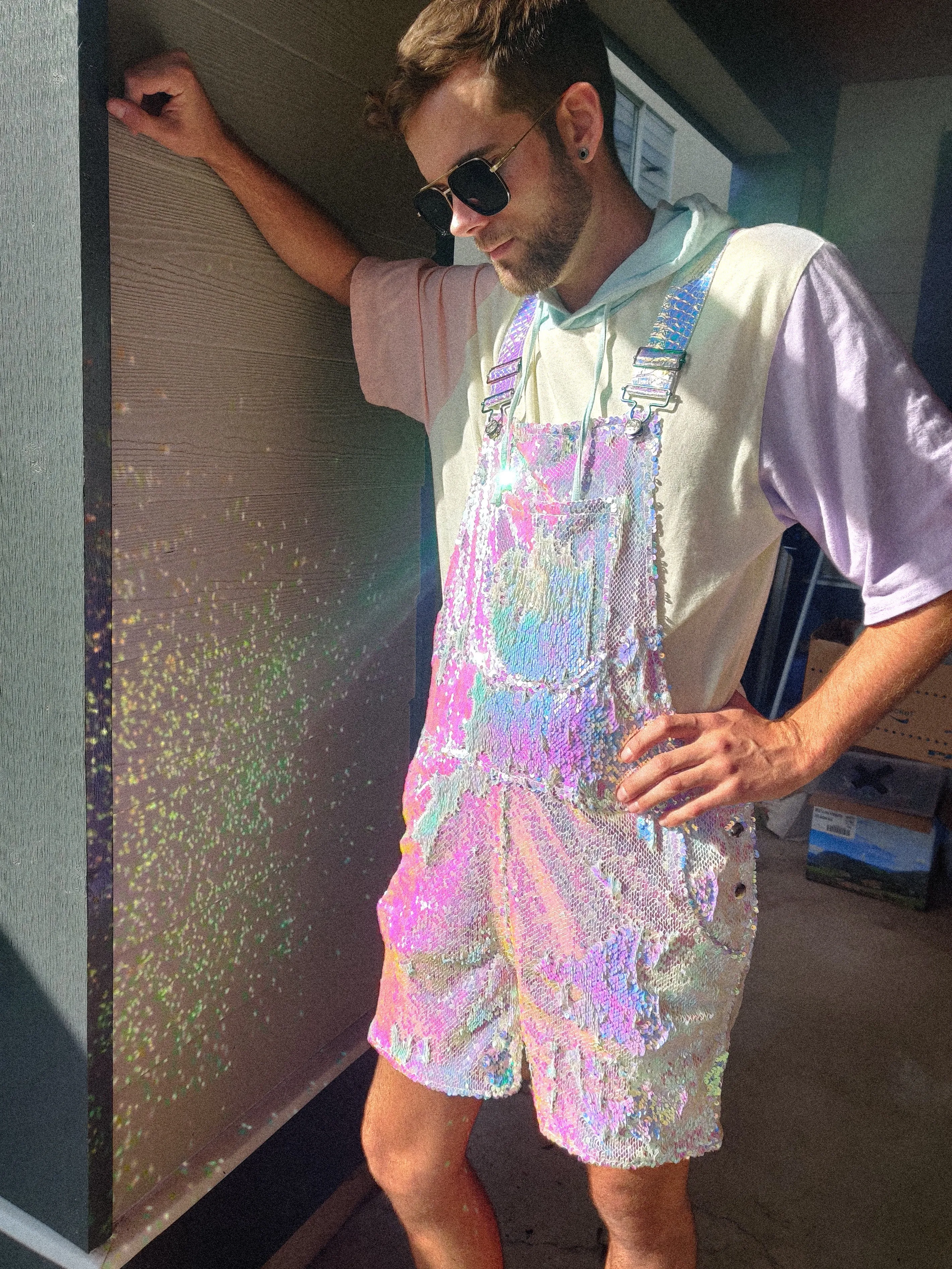 Unicorn Moonbeam Mens Short Sequin Overalls