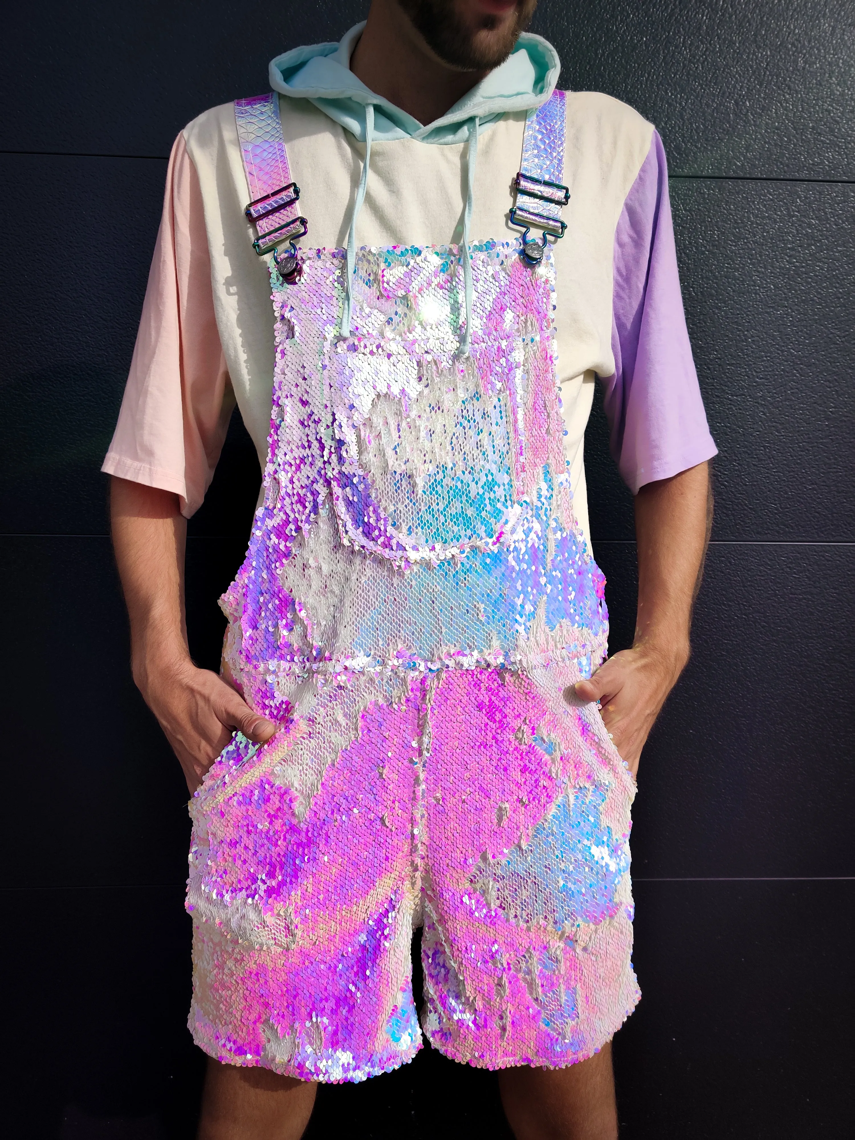 Unicorn Moonbeam Mens Short Sequin Overalls