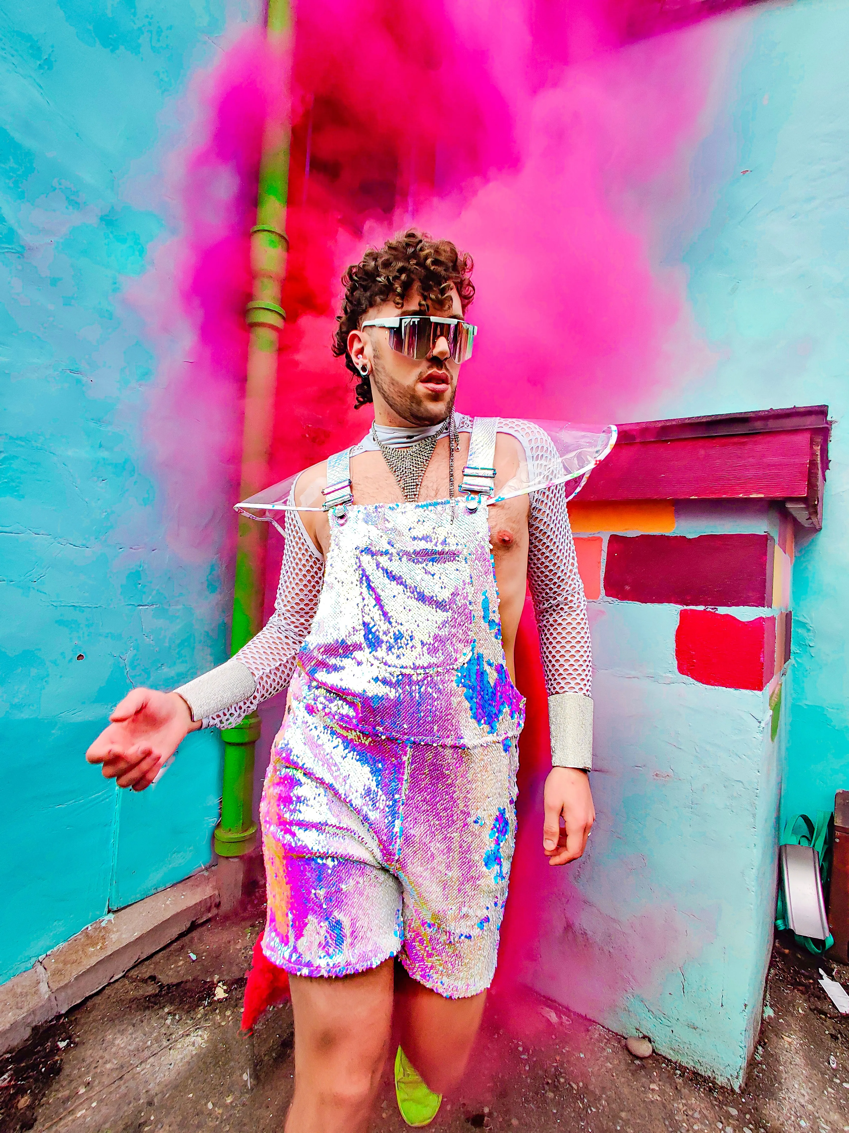 Unicorn Moonbeam Mens Short Sequin Overalls