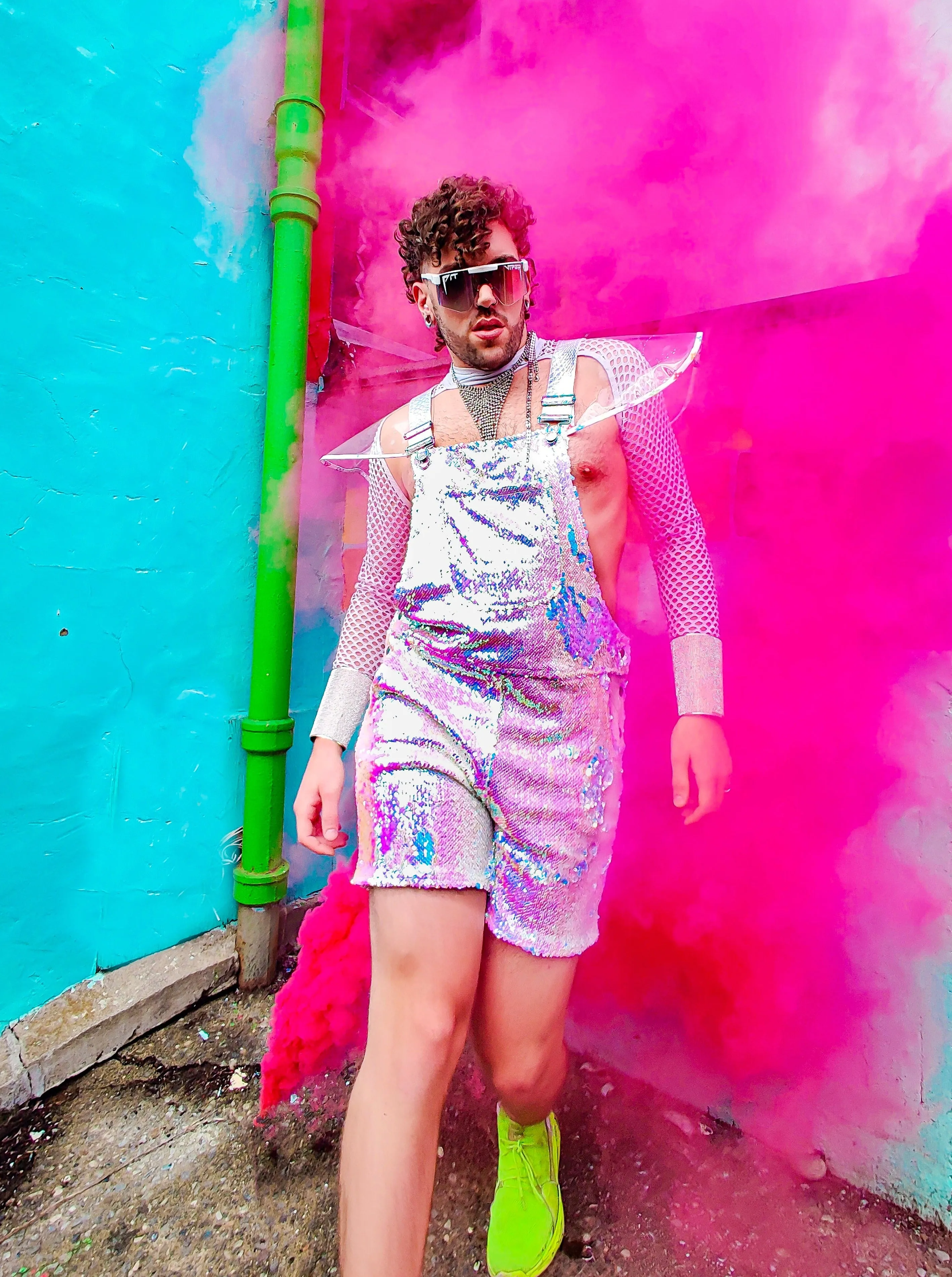 Unicorn Moonbeam Mens Short Sequin Overalls