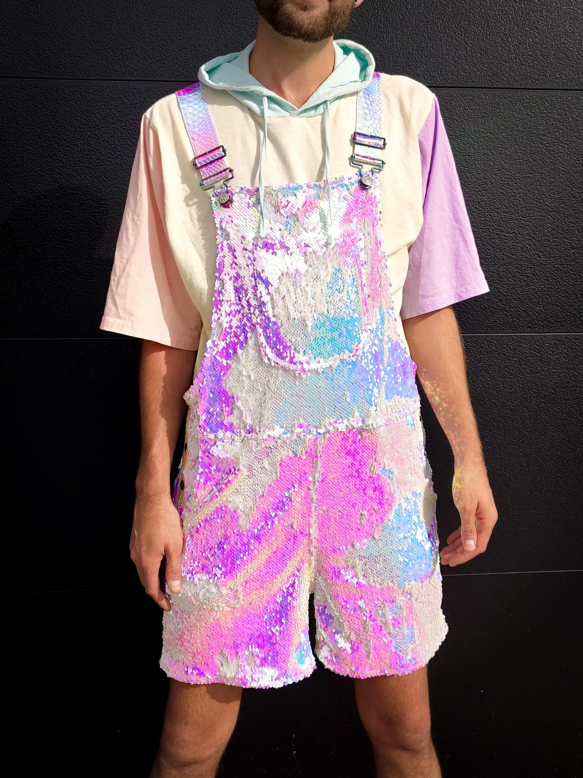 Unicorn Moonbeam Mens Short Sequin Overalls