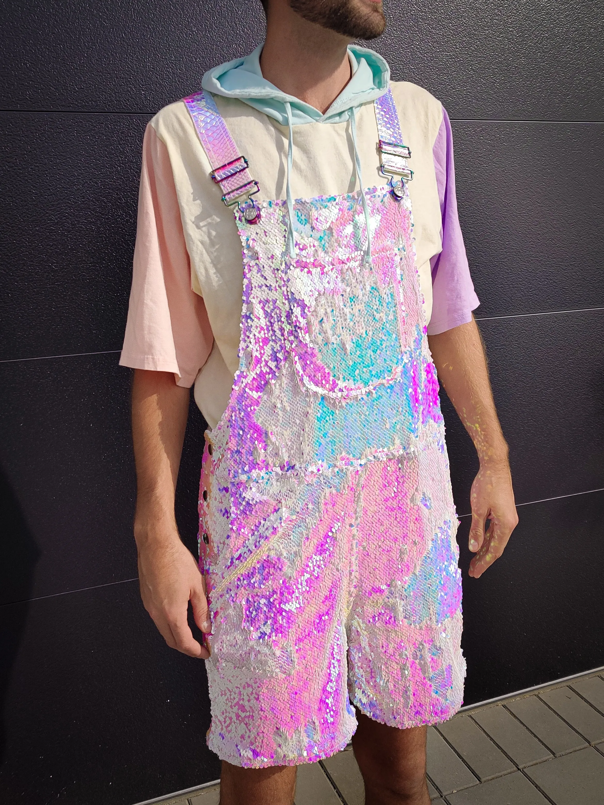 Unicorn Moonbeam Mens Short Sequin Overalls