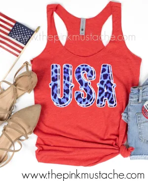 USA Leopard Print Red Racerback Tank / Memorial Day Tank / July 4th Triblend Tank Top
