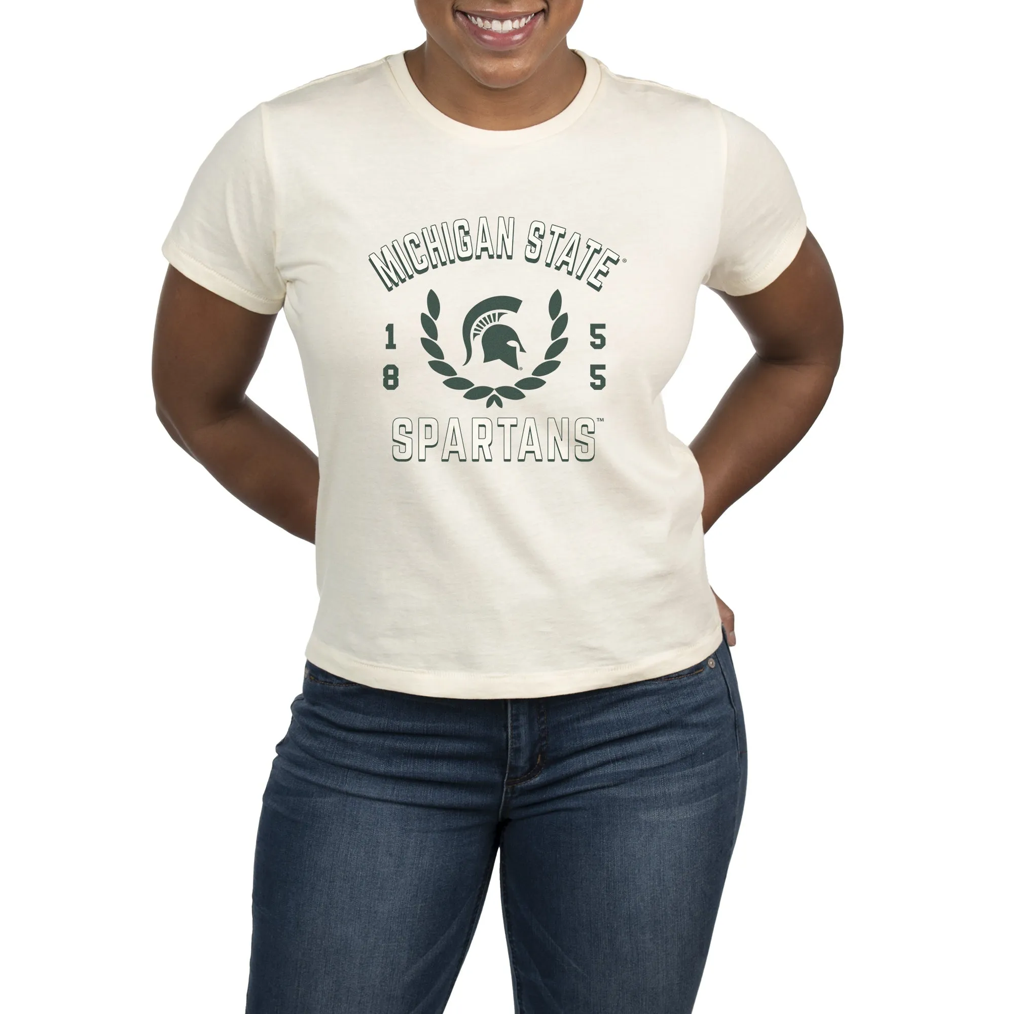 USCAPE Michigan State University Academy High Waisted Tee, Vintage White