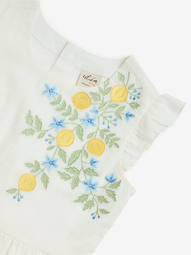 Utsa Kids White Floral Embroidered Cotton Peplum Top - (9-14yrs)