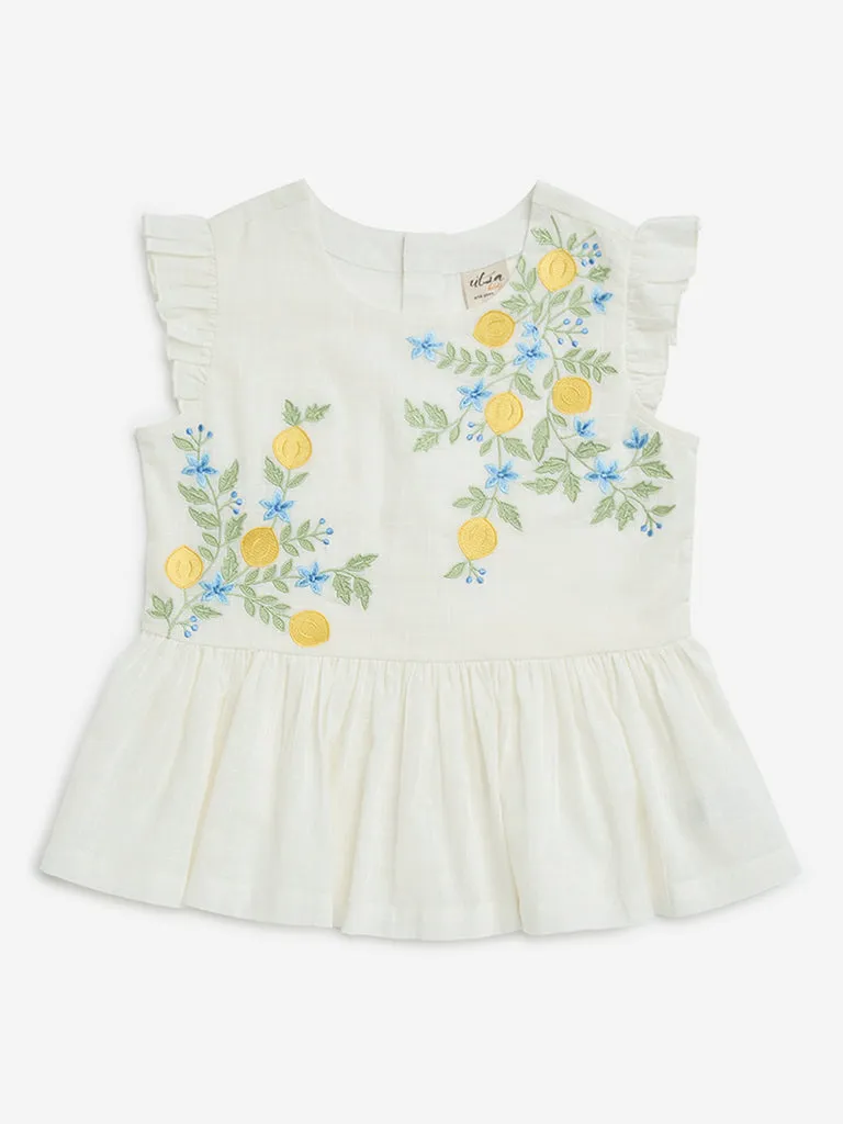 Utsa Kids White Floral Embroidered Cotton Peplum Top - (9-14yrs)