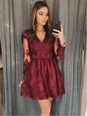 V Neck Burgundy Lace Long Sleeves Short  Prom Dresses, Short Burgundy Lace Formal Homecoming Dresses
