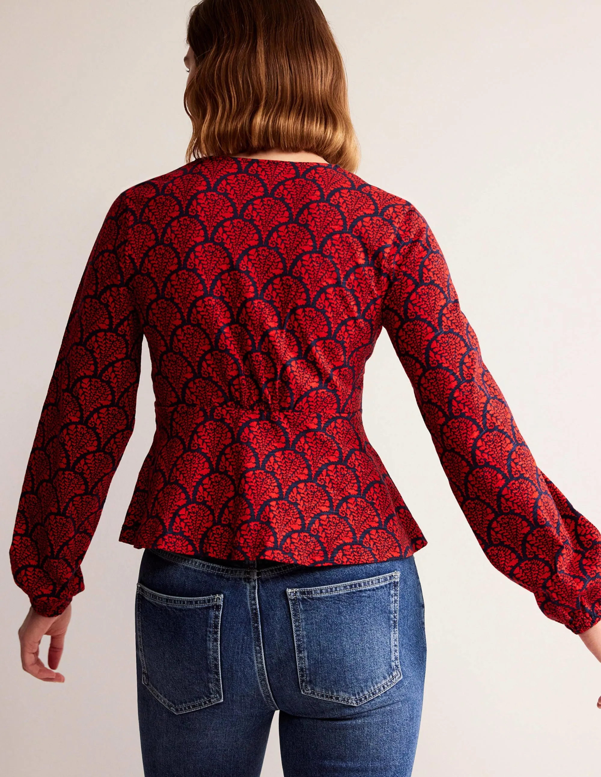 V-Neck Peplum Top-Hot Pepper, Blossomy