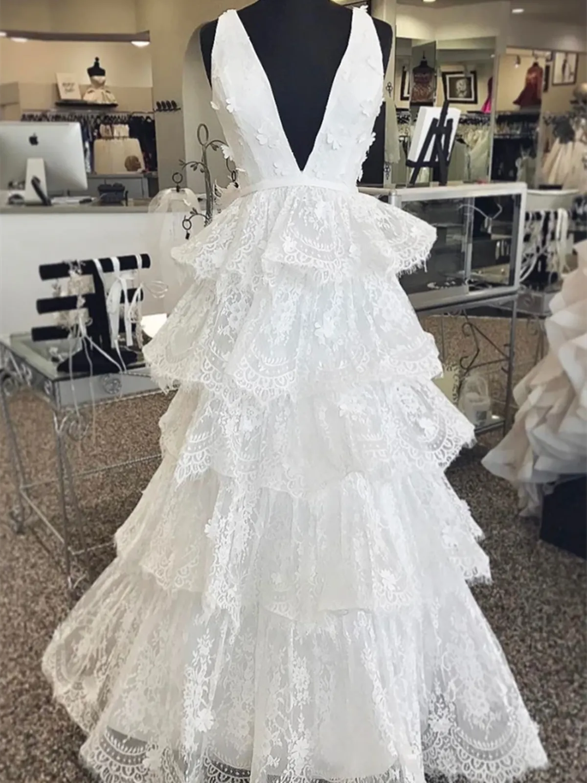 V Neck White Tulle Lace Long Prom Dresses, V Neck White Tulle Lace Long Formal Evening Dresses