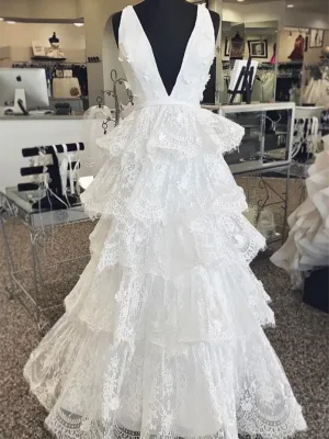 V Neck White Tulle Lace Long Prom Dresses, V Neck White Tulle Lace Long Formal Evening Dresses