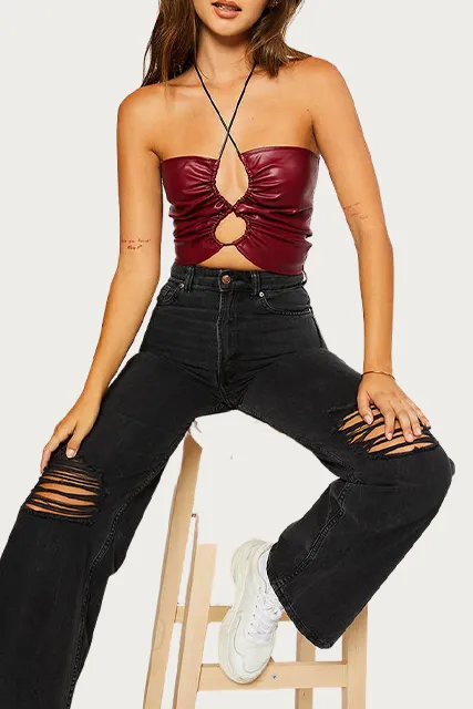 VEGAN LEATHER CUTOUT TOP