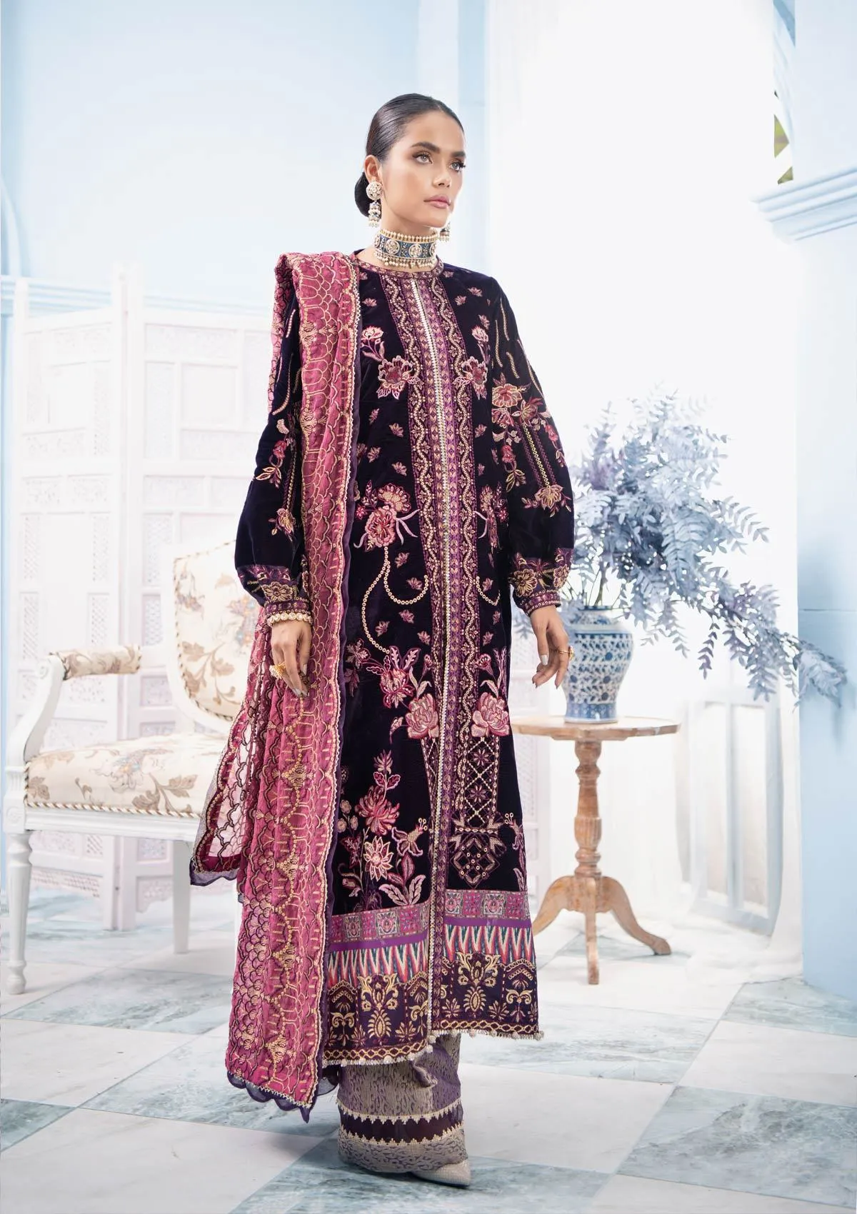 Velvet Dress Pakistani in a Shade of Indigo #PF270