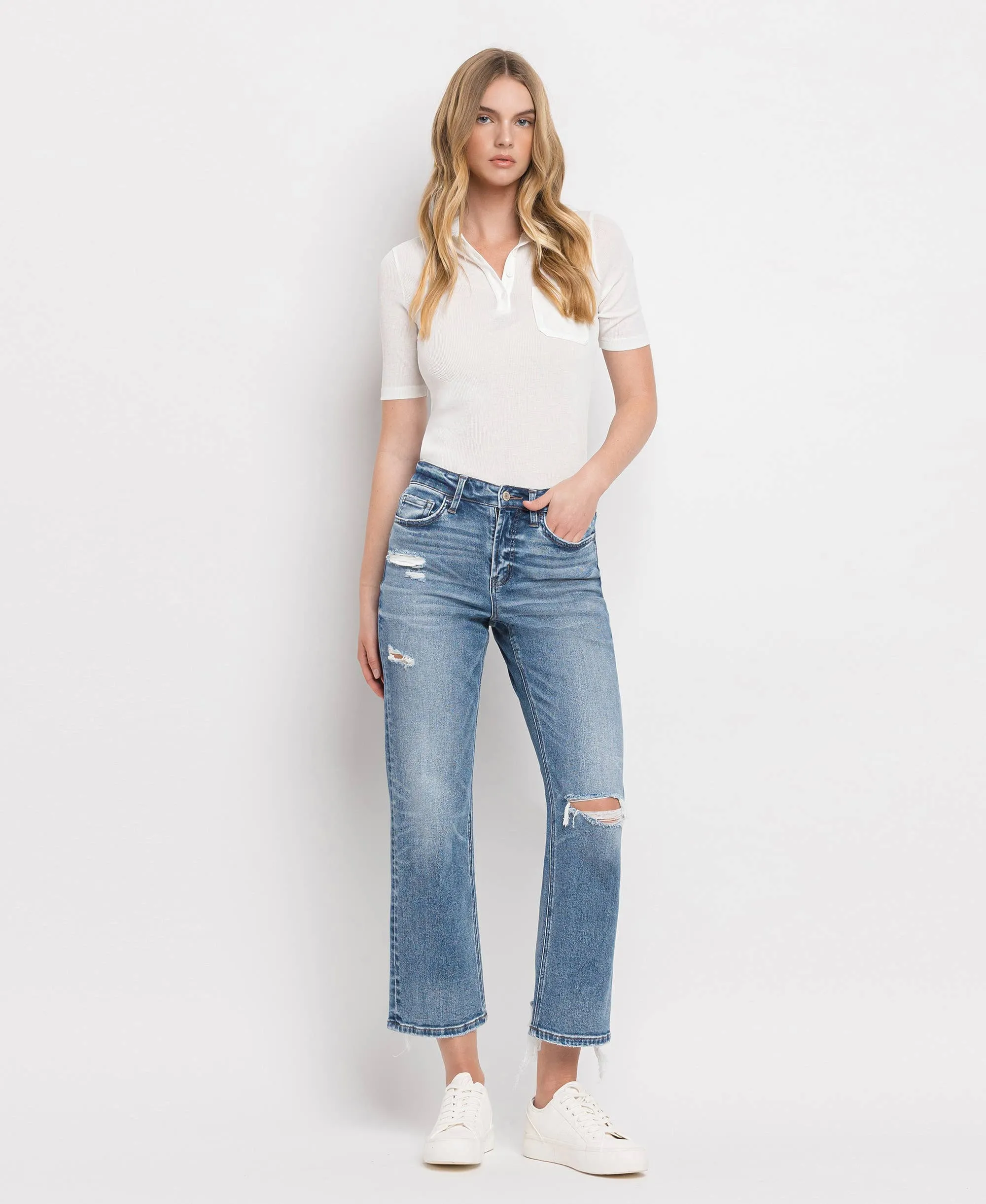 Vervet by Monkey- HIGH RISE DISTRESSED HEM CROP STRAIGHT JEANS