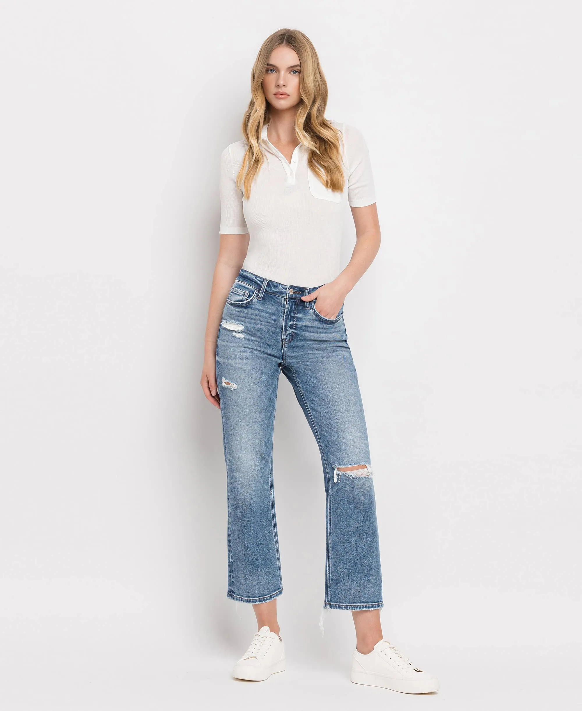 Vervet by Monkey- HIGH RISE DISTRESSED HEM CROP STRAIGHT JEANS