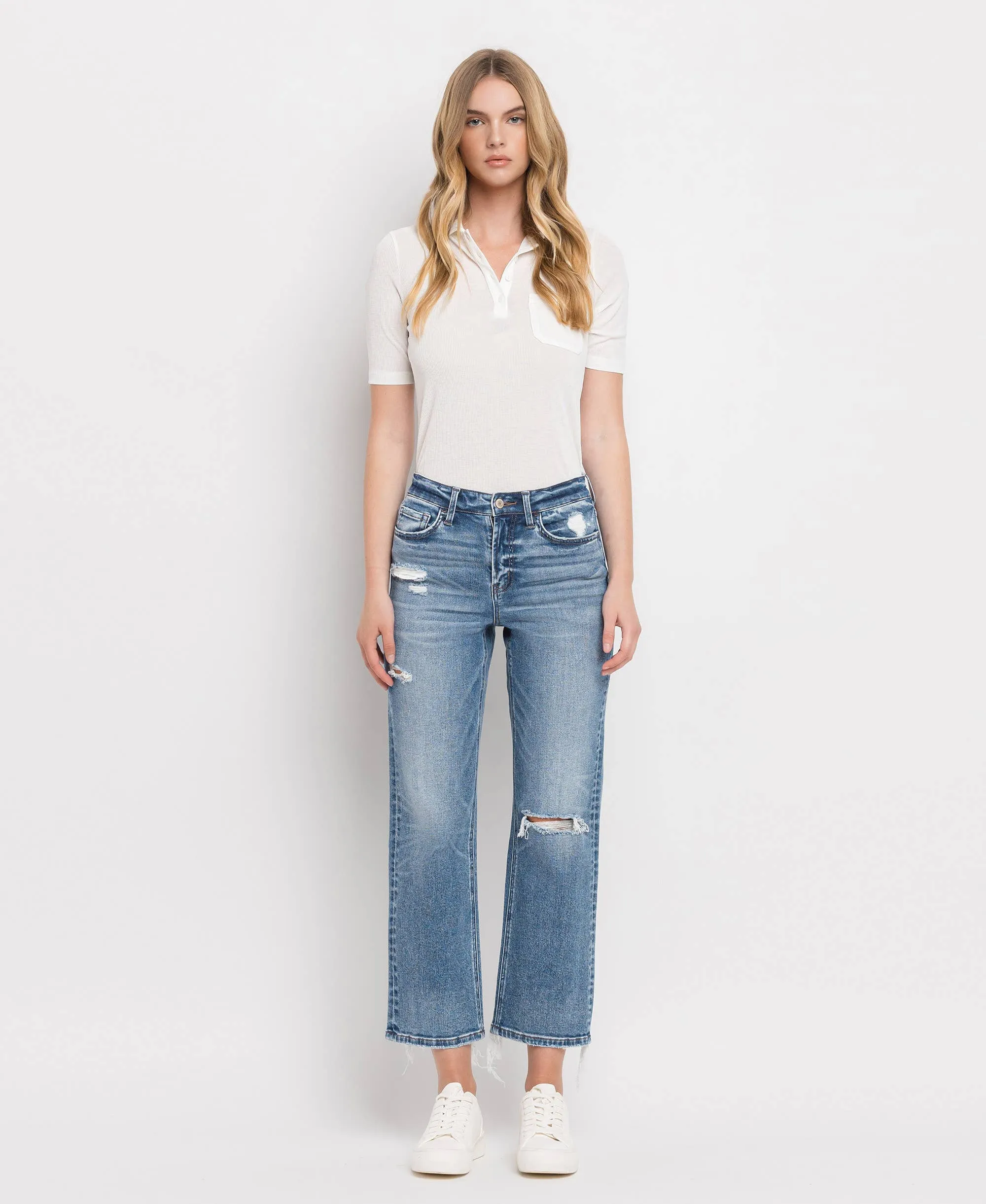 Vervet by Monkey- HIGH RISE DISTRESSED HEM CROP STRAIGHT JEANS