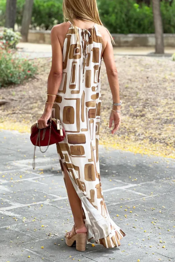 Vestido Halter Estampado Marrón Con Cuello Halter