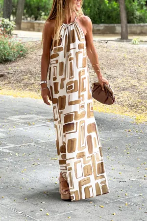 Vestido Halter Estampado Marrón Con Cuello Halter