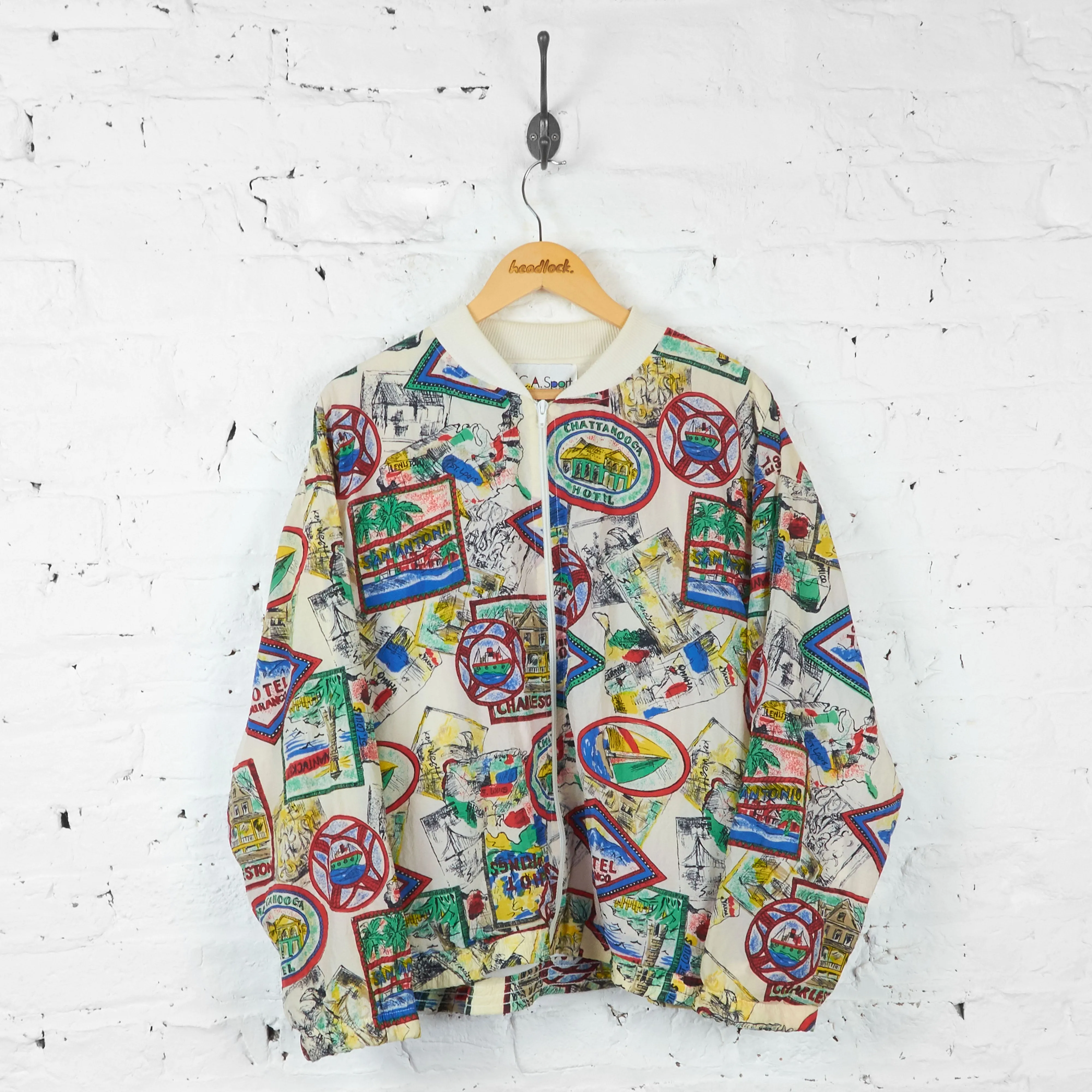 Vintage Illustrated Pattern Windbreaker Jacket - White - M