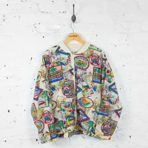 Vintage Illustrated Pattern Windbreaker Jacket - White - M