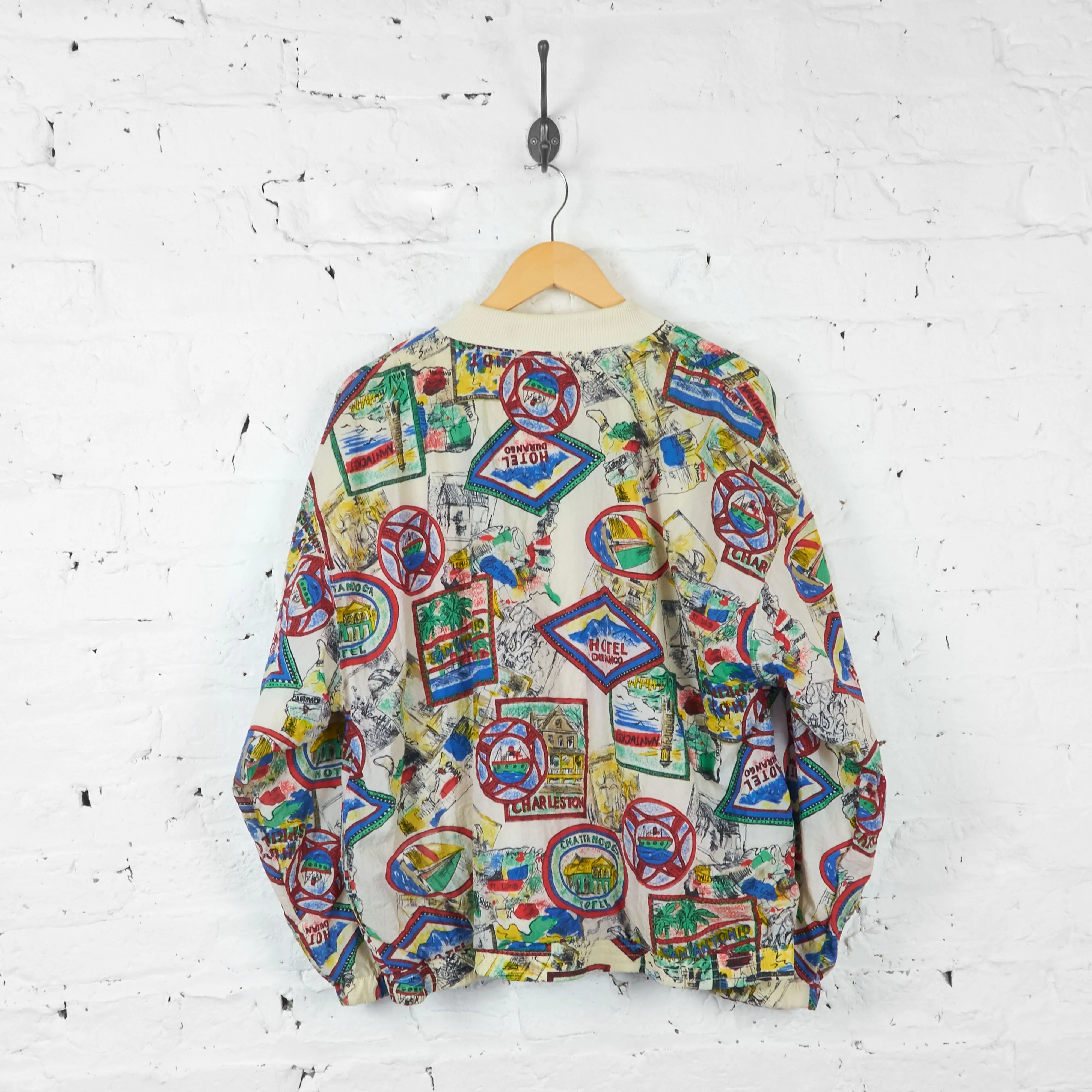 Vintage Illustrated Pattern Windbreaker Jacket - White - M