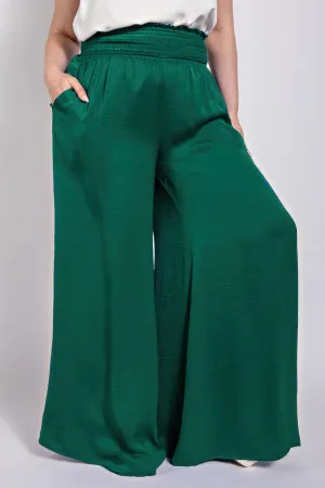 Washed Satin Wide Pants With Waist Smocked