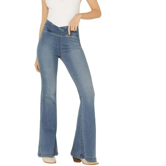 We the Free Sz 32 Venice Beach Pull On Super Flare Crossover Waist Jeans Hippie