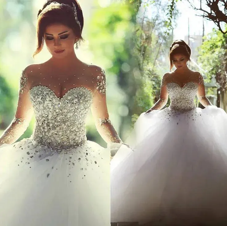 Wedding Dresses Luxury Crystal Bridal Gowns Custom Made Lace Up Beads Sheer Long Sleeves Crystals Backless Floor Length Tulle