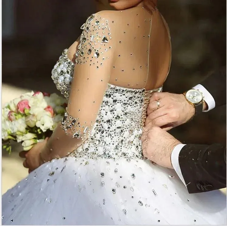 Wedding Dresses Luxury Crystal Bridal Gowns Custom Made Lace Up Beads Sheer Long Sleeves Crystals Backless Floor Length Tulle