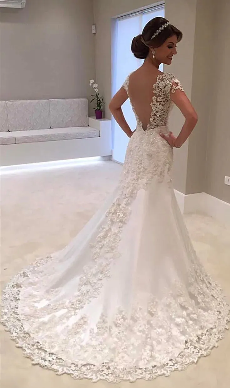 Wedding Guest Dresses: White Backless Lace Mermaid Wedding Dress V-Neck Short