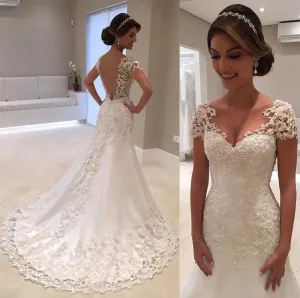 Wedding Guest Dresses: White Backless Lace Mermaid Wedding Dress V-Neck Short