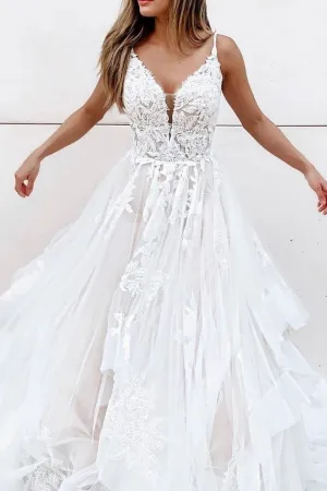 White A-line tulle lace long prom dress white lace long evening dress