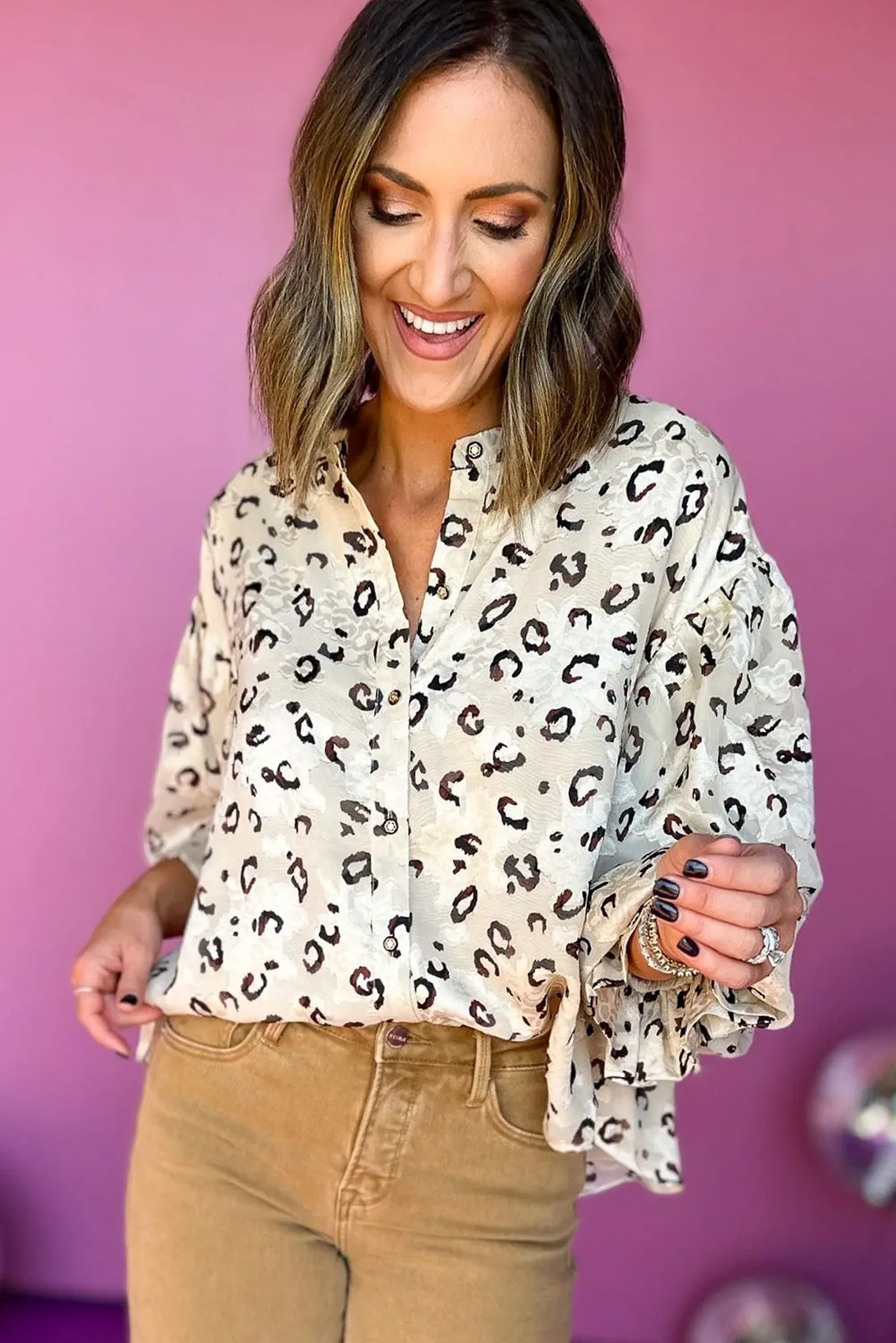 White Animal Printed Puffy Flounce Sleeve Shirt