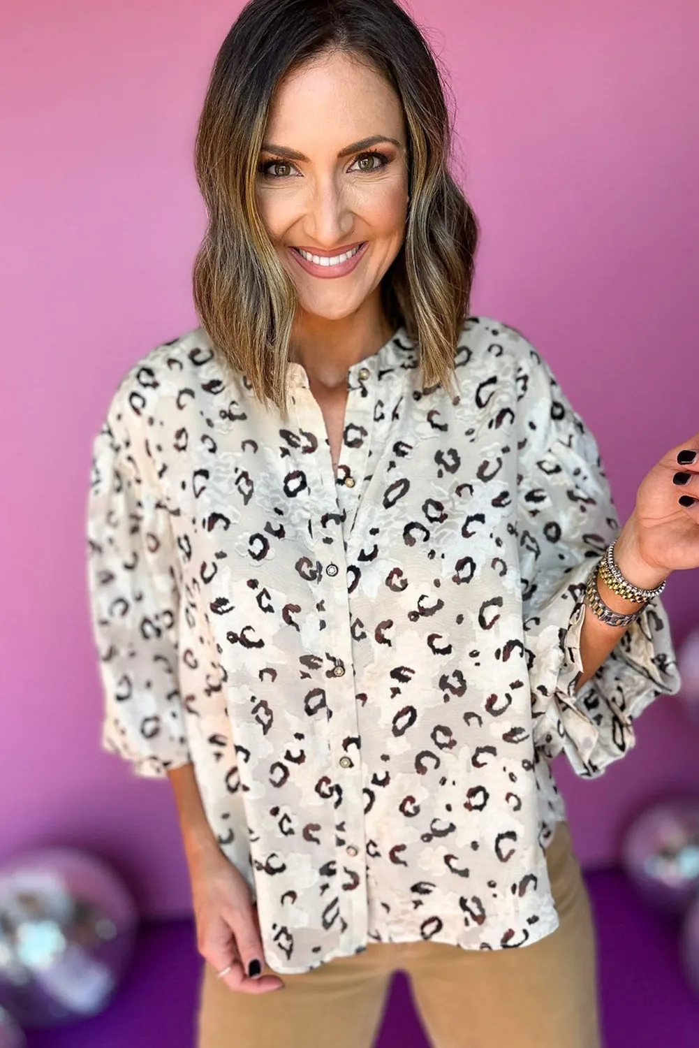 White Animal Printed Puffy Flounce Sleeve Shirt