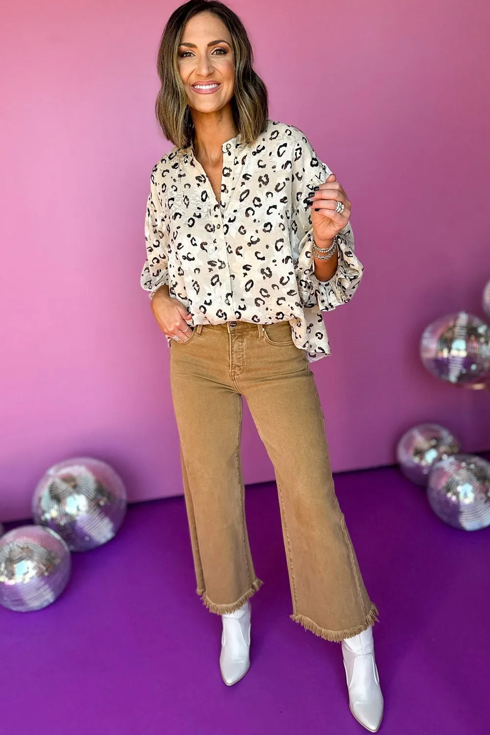 White Animal Printed Puffy Flounce Sleeve Shirt