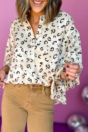 White Animal Printed Puffy Flounce Sleeve Shirt