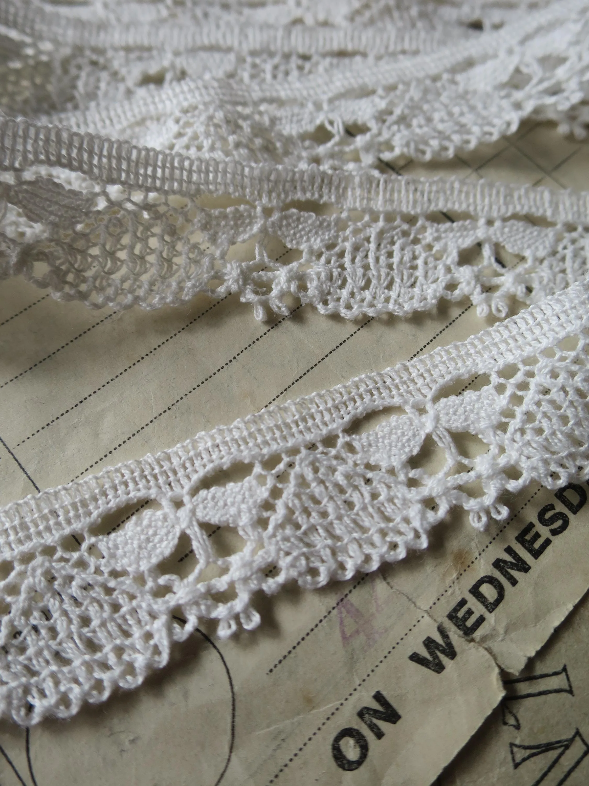 White English Nottingham Cluny Lace- Dragonflies & Cartouches- 2.3 cm