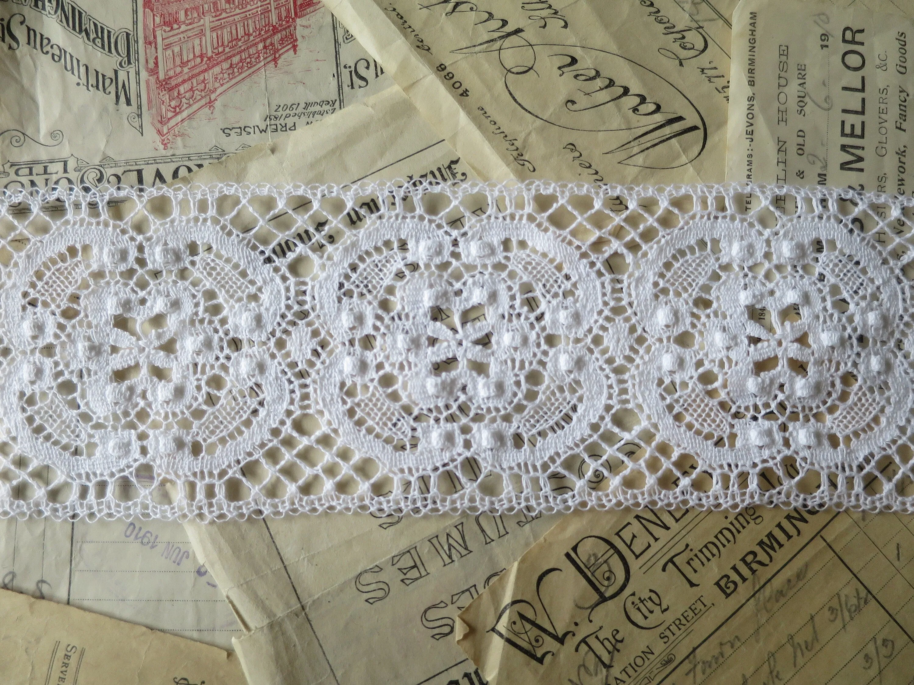 White English Nottingham Cluny Lace- Raised Torchon Roses Guipure- Insertion- 9 cm