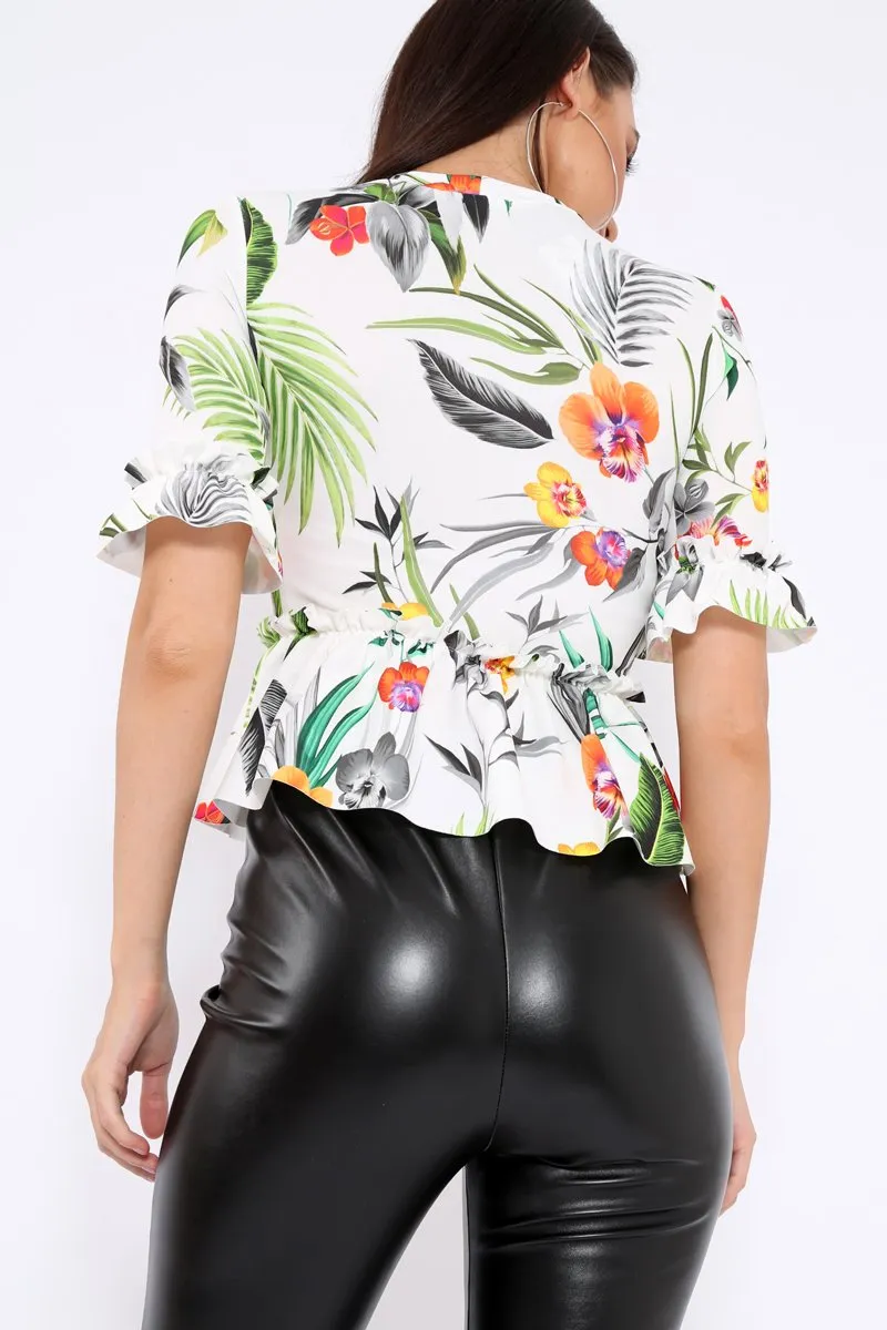 White Floral Ruffle Peplum Top - Kyriee