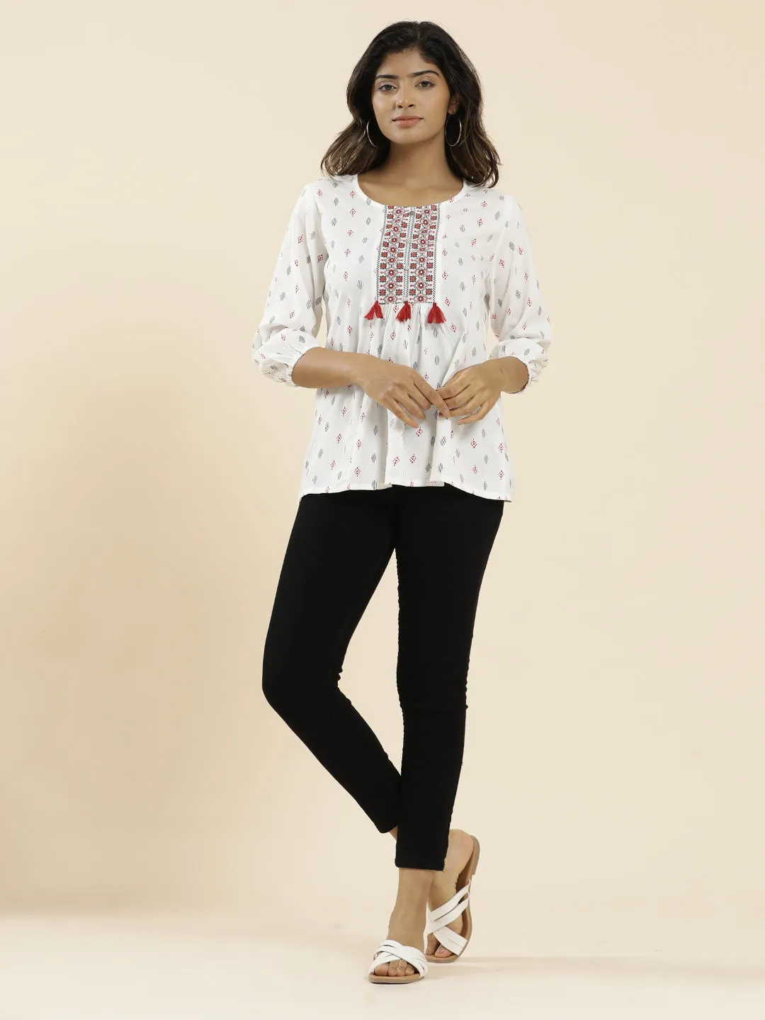 White Geometric Printed Peplum Top