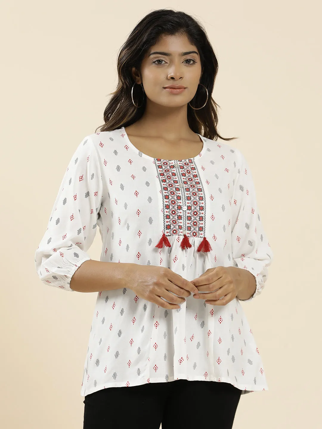 White Geometric Printed Peplum Top