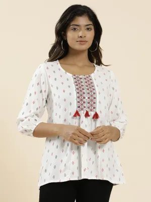 White Geometric Printed Peplum Top