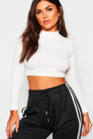 White High Neck Long Sleeve Rib Top