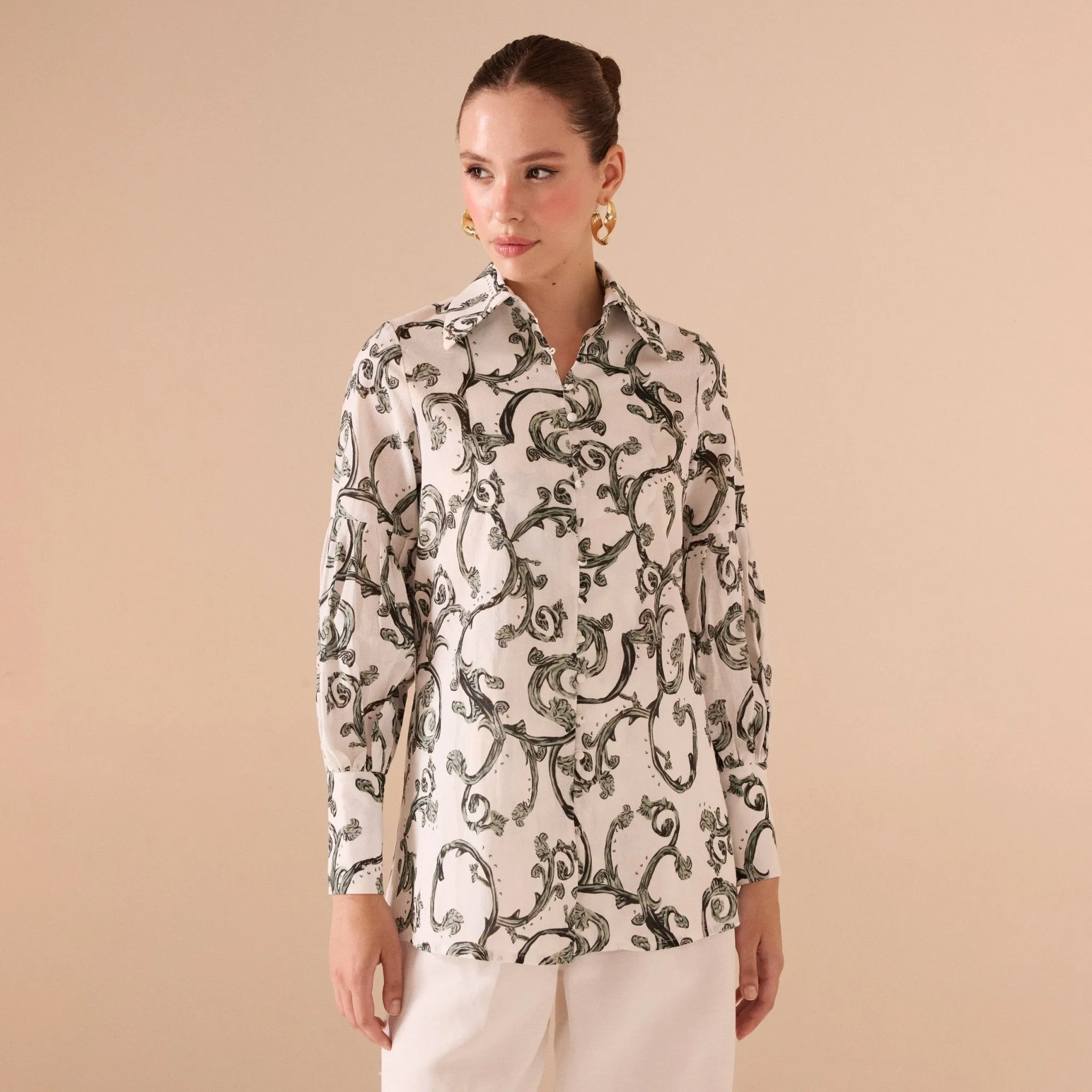 White Printed Linen Shirt