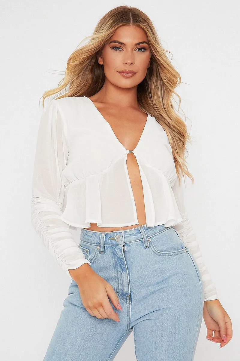 White Ruched Sleeve Peplum Top - Hawi