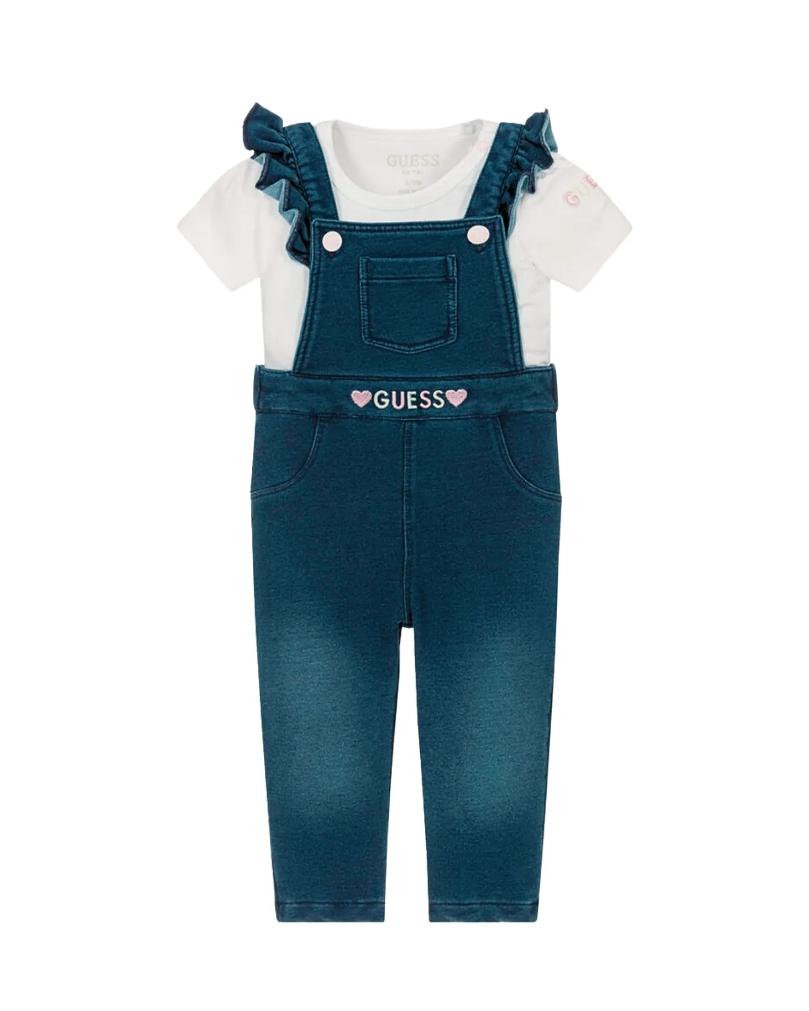 White Short Sleeve Bodysuit and Knit Denim Overalls (0-18m)